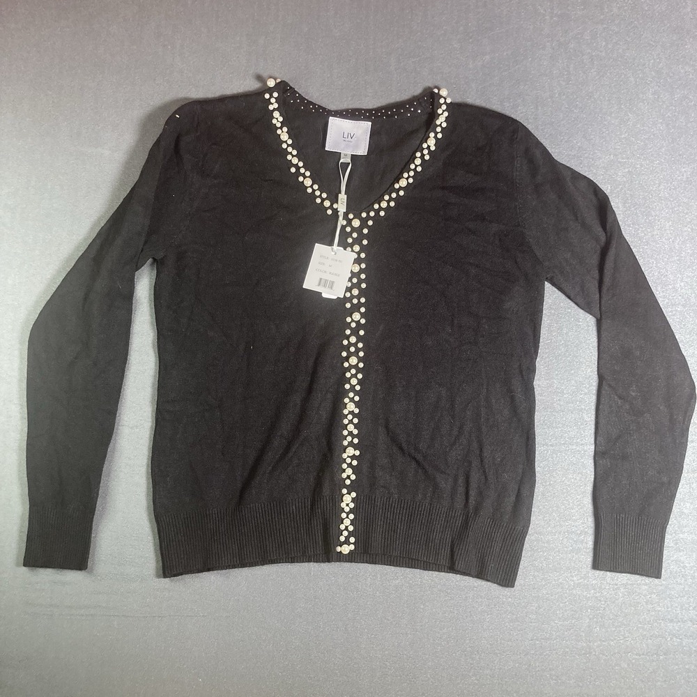 LIV Milano Black V-Neck Cardigan Sweater Pearl Faux Embellished Trim Size M NWT